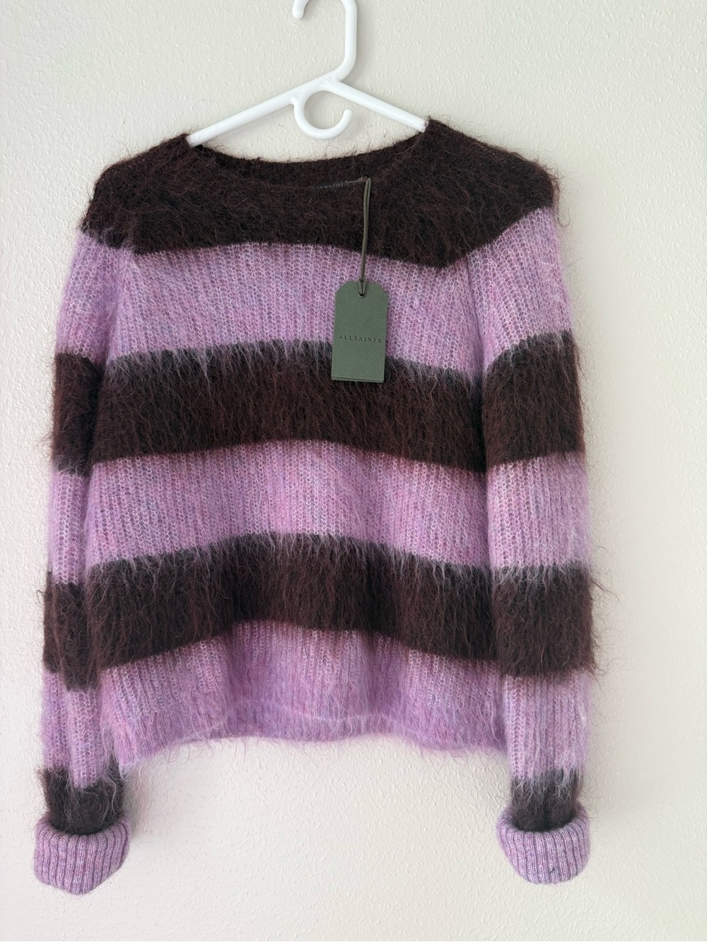 All Saints Striped Fuzzy Crewneck Sweater in Lavender & Brown